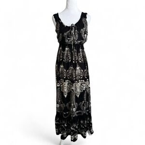 Forbidden Los Angeles Boho Maxi Dress Rayon Crochet Straps L Black Ivory Tan